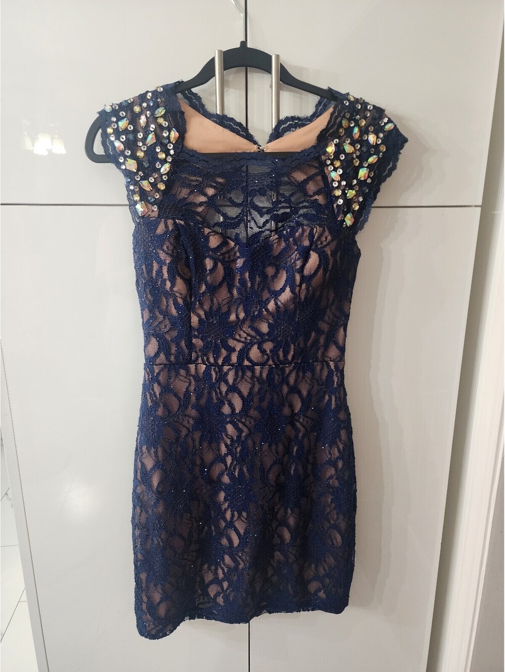 Navy Blue Lace Cocktail Dress with Sequin Cap Sleeves, Size 7